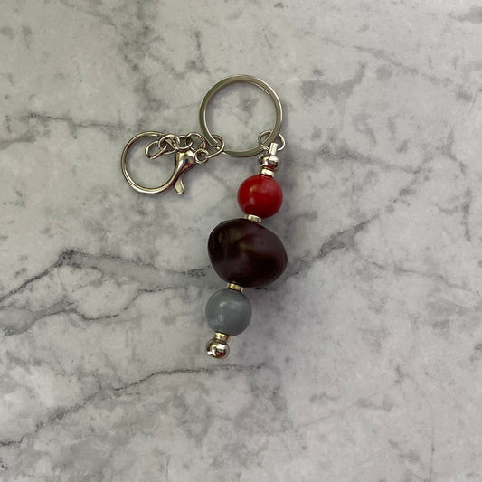 Scarlet and Gray Wooden Beaded Bar Keychain with Buckeye