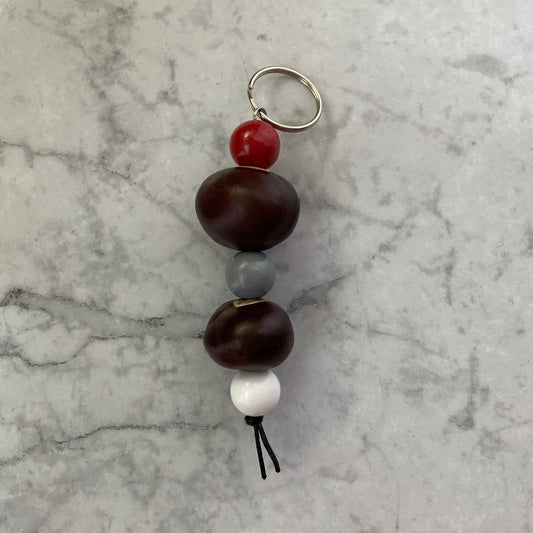 Scarlet, Gray and White Wooden Beaded Keychain with Buckeyes