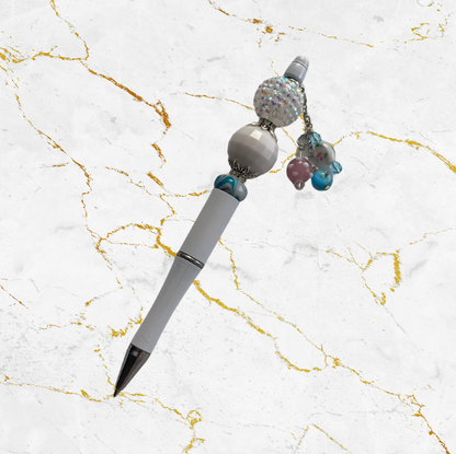White and a pop of color Custom Beaded Pen with Beaded Dangle