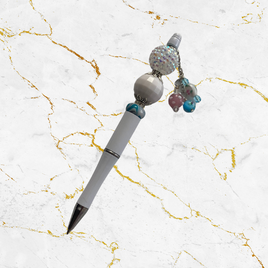 White and a pop of color Custom Beaded Pen with Beaded Dangle