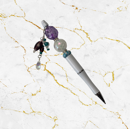 Purple and White Custom Beaded Pen with Beaded Dangle