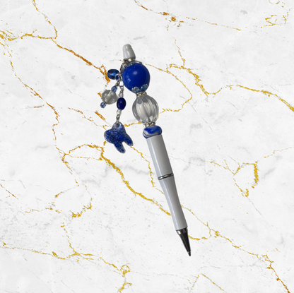 Blue and White Custom Beaded Pen with Custom Tooth Dangle