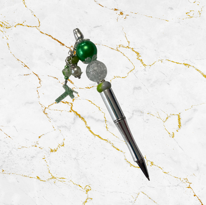 Green and Silver Custom Beaded Pen with Letter T Dangle
